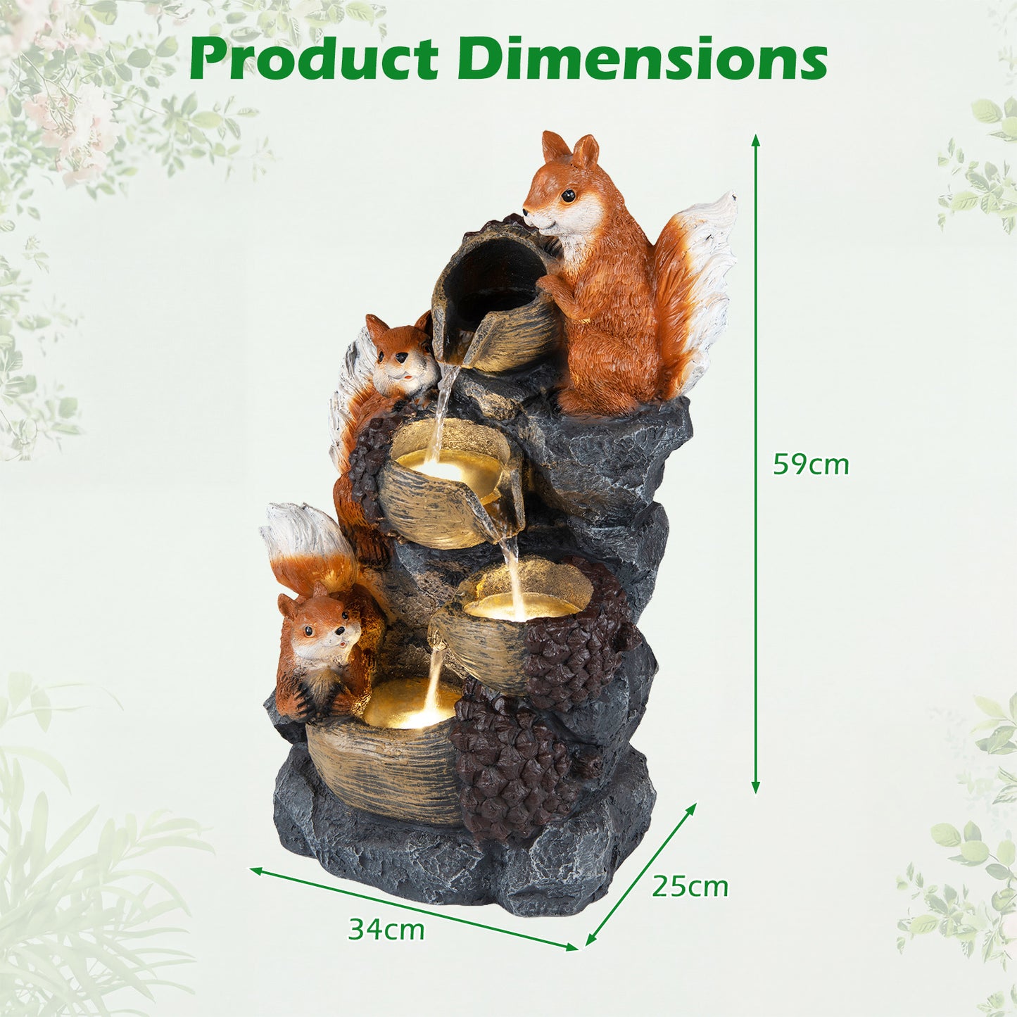 59 cm Outdoor Water Fountain with 3 LED Lights and Pump 4-Tier with Squirrels