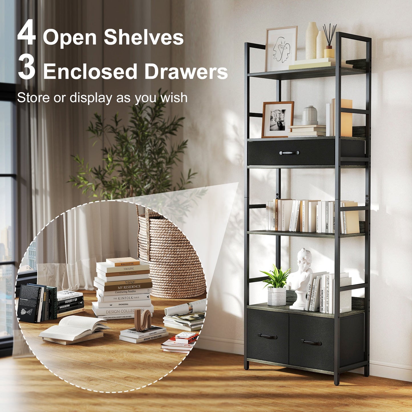 HOMCOM Industrial Style Bookcase, with 4 Shelves and 3 Fabric Drawers - Grey/Black