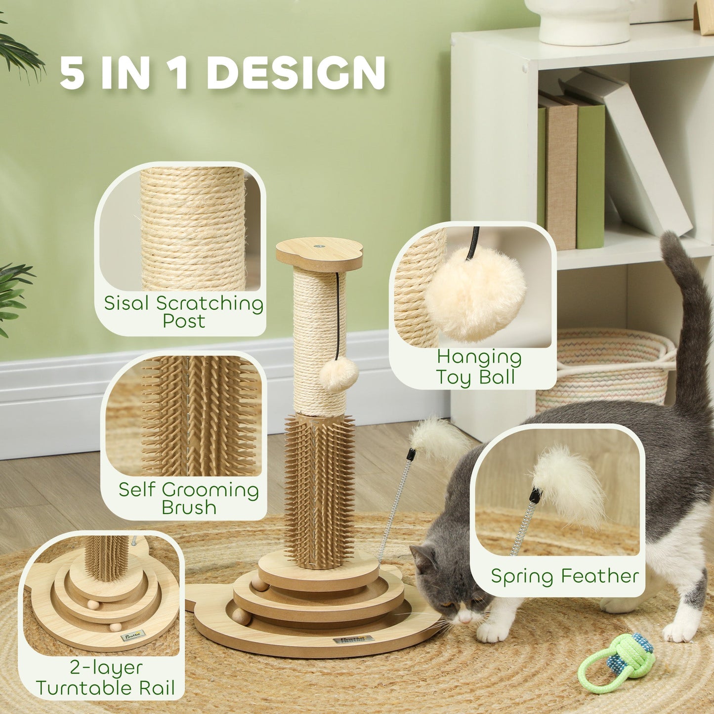 PawHut 49cm 5 in 1 Cat Scratching Post with Sisal Post, Track Ball, Self Grooming Brush, Hanging Toy Ball, Feather, Oak Tone