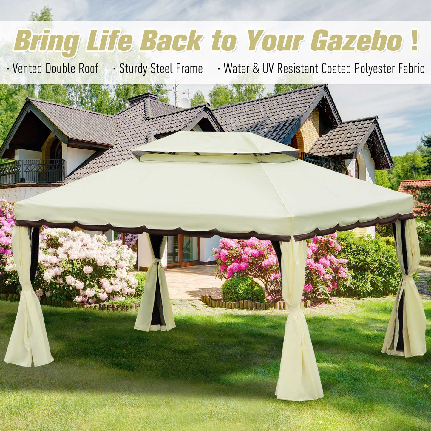 Outsunny 4 x 3 m aluminiowa altana ogrodowa, podwójny dach, zadaszenie altanki zewnętrznej z siatką i zasłonami do ogrodu, trawnika, podwórka i tarasu, kremowy