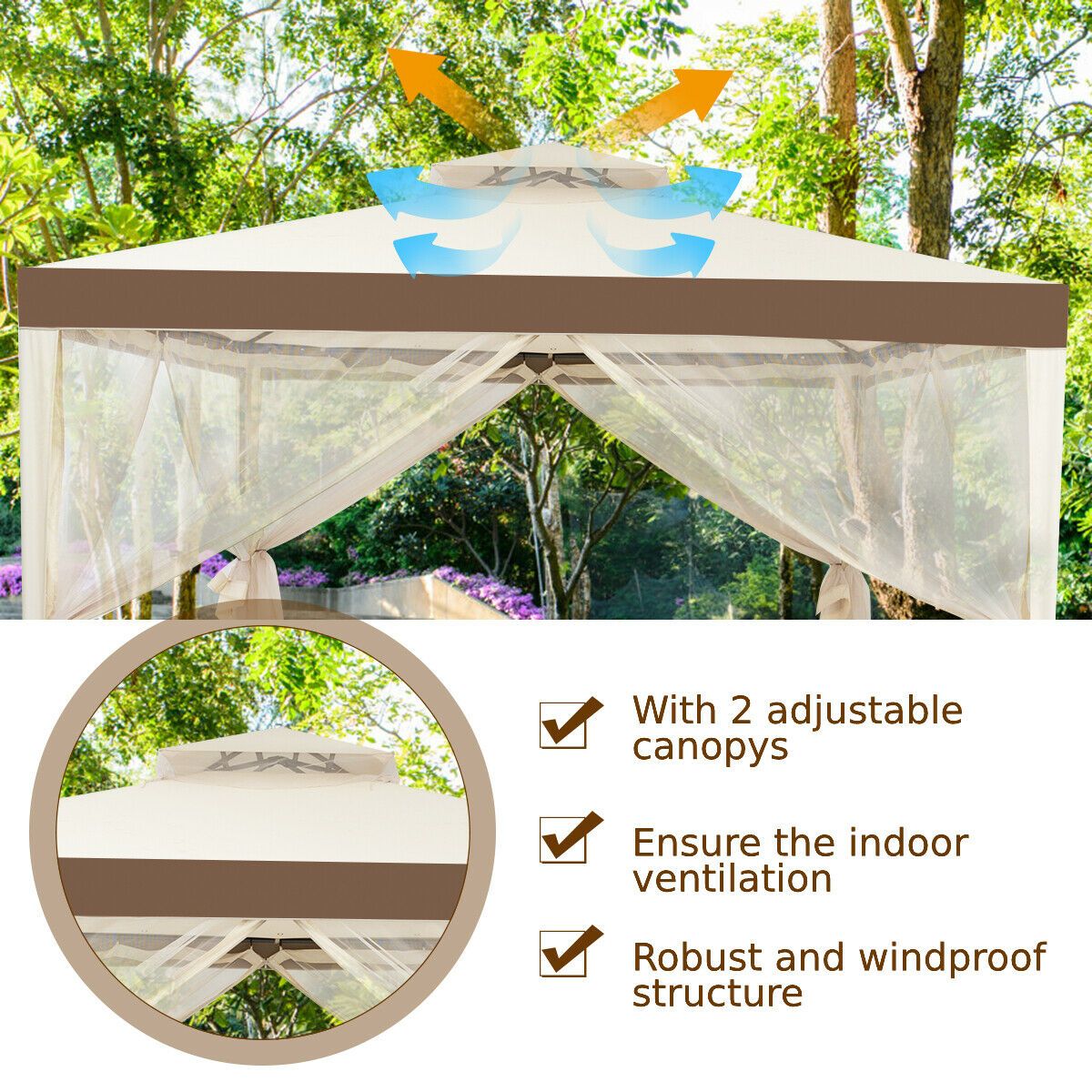 3m x 3m Gazebo Tent with Steel Frame and Double Tiered Canopy Beige