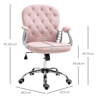 Vinsetto Office Chair Ergonomic 360° Swivel Diamond Tufted Home Work Velour Padded Base 5 Castor Wheels Pink