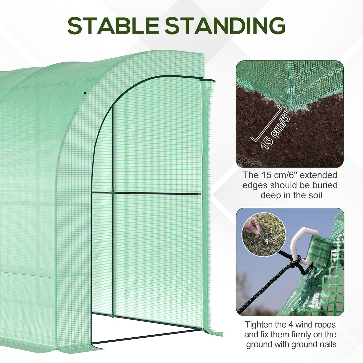 Outsunny Walk-In Lean to Greenhouse z oknami i drzwiami zamykanymi na suwak, 2 poziomy, 6 półek z siatki, 300L x 150W x 213Hcm, zielony