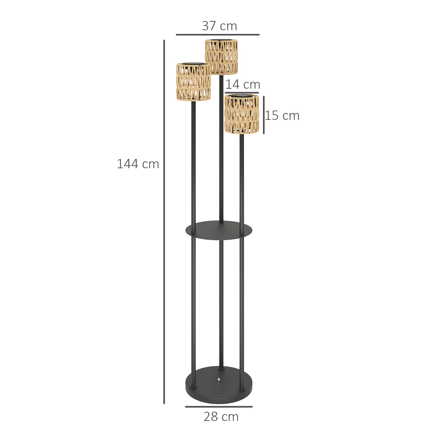 Lampa podłogowa Outsunny Boho Rattan, 3-lampowa lampa rattanowa z półką, wolnostojąca lampa ogrodowa solarna z automatycznym włączaniem/wyłączaniem, IP44 wodoodporna, na werandę, ścieżkę, taras, żółta