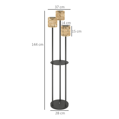 Lampa podłogowa Outsunny Boho Rattan, 3-lampowa lampa rattanowa z półką, wolnostojąca lampa ogrodowa solarna z automatycznym włączaniem/wyłączaniem, IP44 wodoodporna, na werandę, ścieżkę, taras, żółta