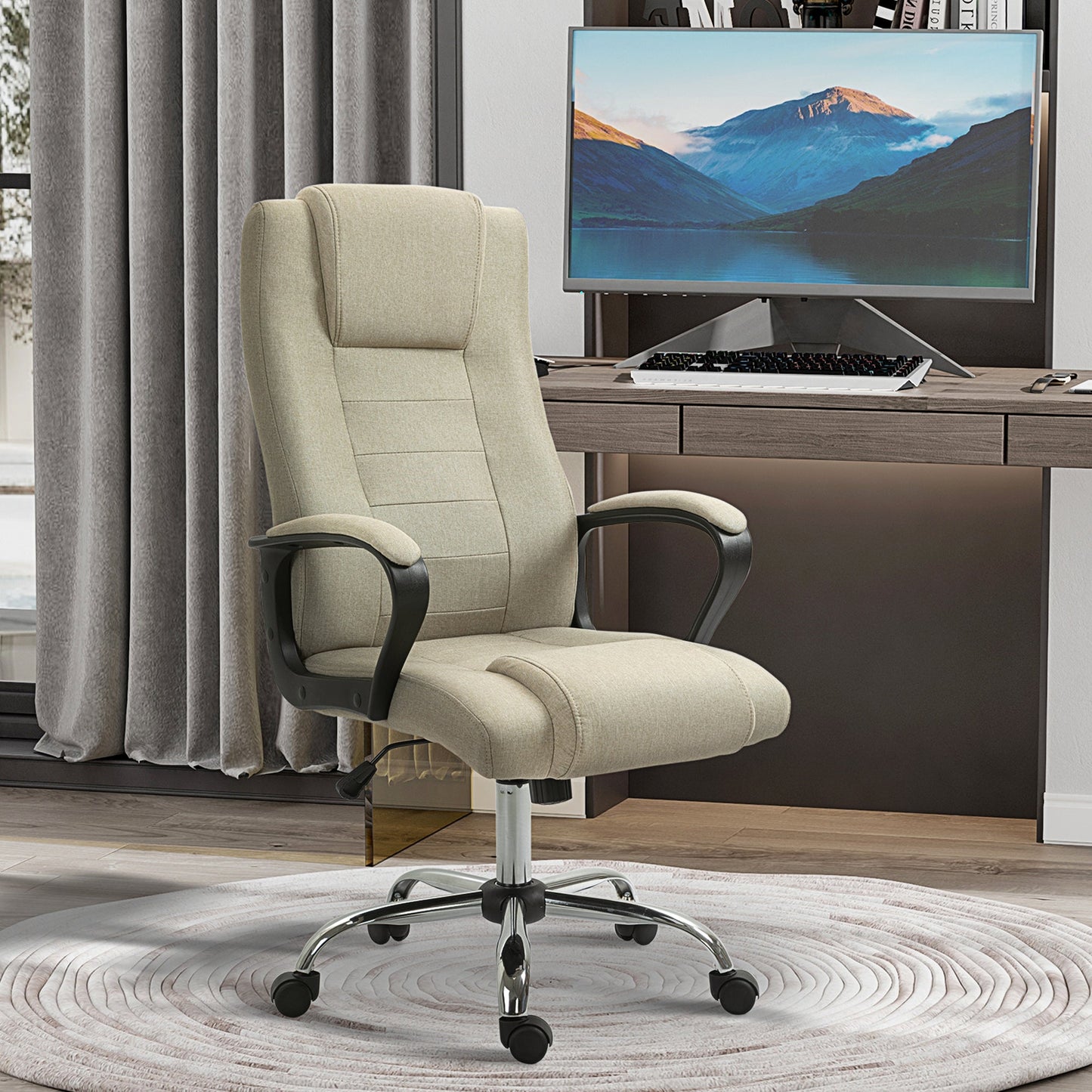 Vinsetto High Back Office Chair 360Â° Swivel Chair Adjustable Height Tilt Function Linen Khaki 62W x 62D x 110-119H cm