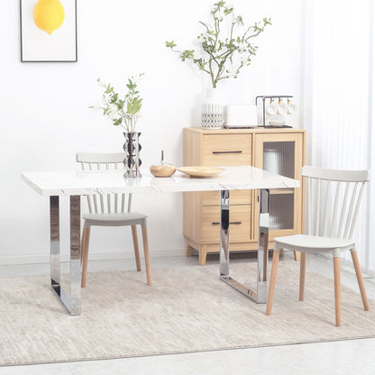 HOMCOM Modern Dining Room Table Rectangular Kitchen Table for 6-8 People with Marble Effect Tabletop Steel Legs 160 cm White