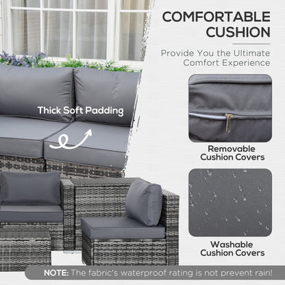 Outsunny 6PC Rattan Narożny Zestaw Sofa Wiklina 4 Miejsca Ogród Schowek Stolik Kawowy Konwersacja Ottoman Meble Zewnętrzne Tkane z Poduszką Szary