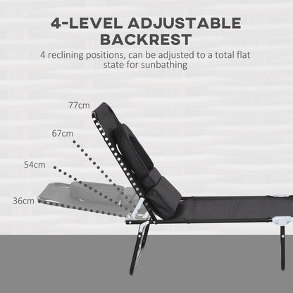 Outsunny Outdoor Folding Sun Lounger Set of 2 with Face Hole, 4 Level Adjustable Backrest Reclining Garden Lounger, Garden Recliner Sunbed with 600 D Oxford Cloth Seat and Pillow for Beach, Black