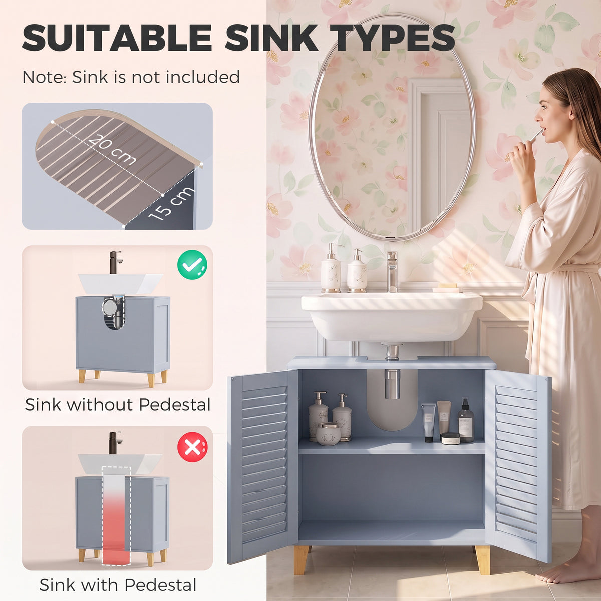 HOMCOM Under Sink Bathroom Cabinet Adjustable Shelf Under Sink Cabinet 2 Louvered Doors, Grey