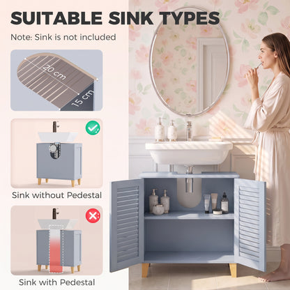 HOMCOM Under Sink Bathroom Cabinet Adjustable Shelf Under Sink Cabinet 2 Louvered Doors, Grey
