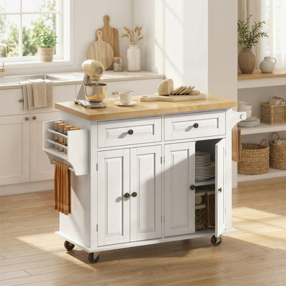 HOMCOM Kitchen Island on Wheels, Rolling Kitchen Storage Trolley with Rubber Wood Top, Drawers, Adjustable Shelves, Cream White