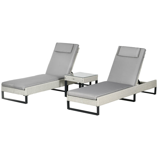 3-piece PE Rattan Patio Sun Lounger Set with Adjustable 5-Position Recline With Cushions, Headrests, Glass Top Square Coffee Table, Light Grey