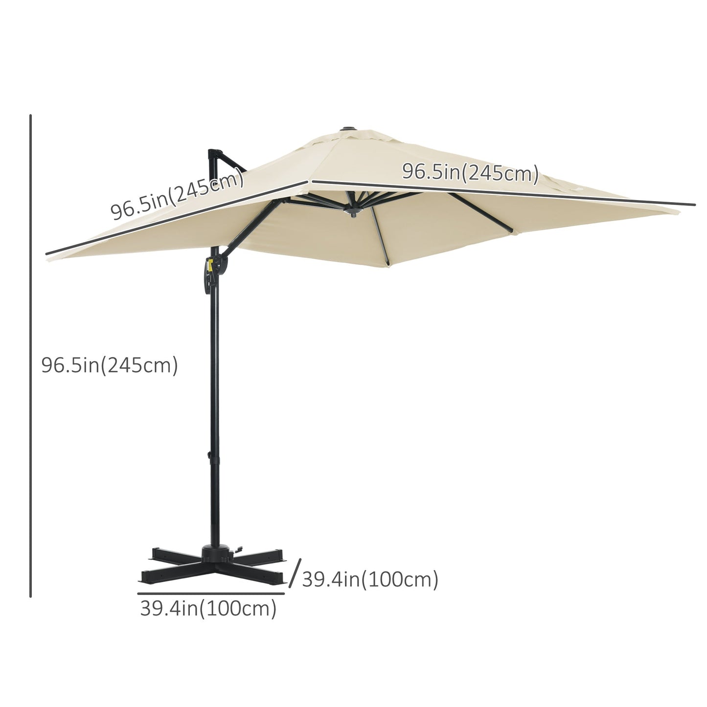 Outsunny 2,5 x 2,5 m Parasol tarasowy z wysięgnikiem, aluminiowy, wiszący, z możliwością obrotu o 360° z korbką i podstawą krzyżową, kremowo-biały