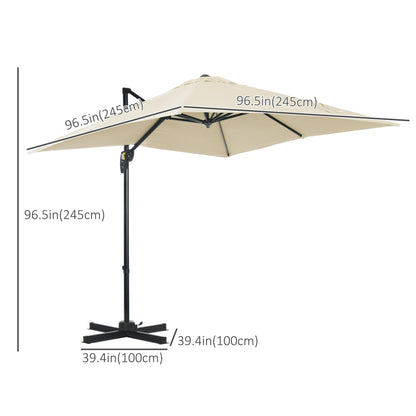 Outsunny 2,5 x 2,5 m Parasol tarasowy z wysięgnikiem, aluminiowy, wiszący, z możliwością obrotu o 360° z korbką i podstawą krzyżową, kremowo-biały