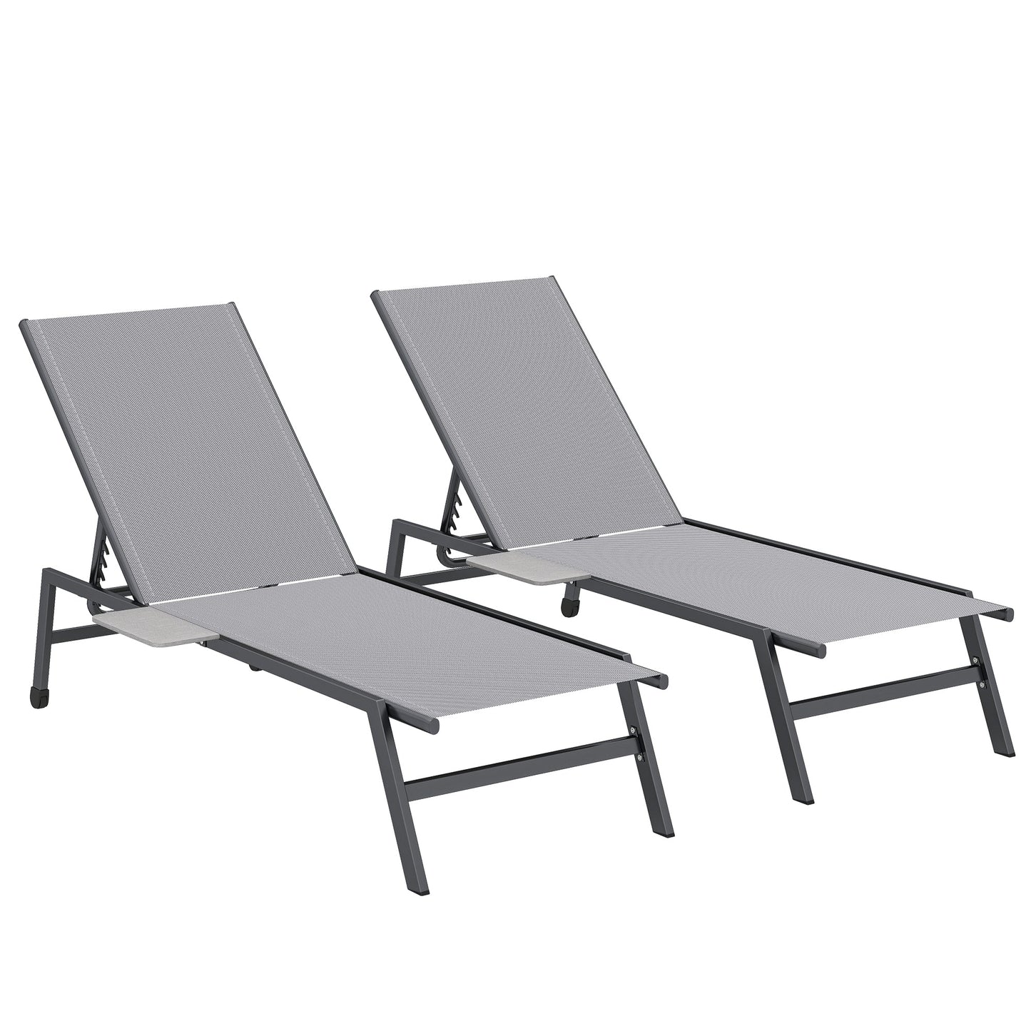 Outsunny Sun Loungers Set of 2 with Side Tray Table, Garden Recliners with 5-Position Adjustable Backrest, 2 Wheels, Grey