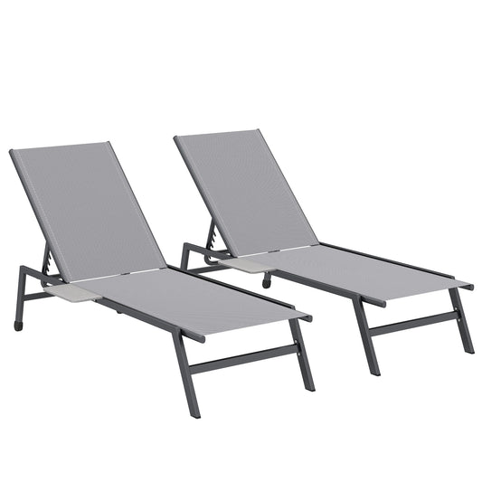Outsunny Sun Loungers Set of 2 with Side Tray Table, Garden Recliners with 5-Position Adjustable Backrest, 2 Wheels, Grey