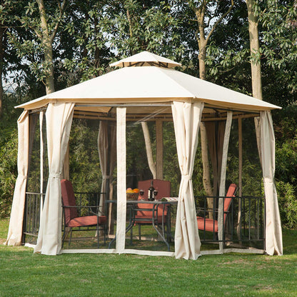 خيمة Outsunny Hexagon Gazebo Patio Canopy Party، مأوى للحديقة في الهواء الطلق مع سقف من طبقتين ولوحة جانبية - بيج