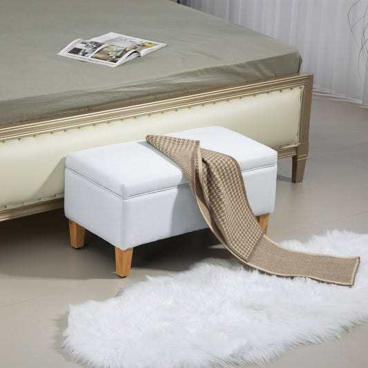 HOMCOM 30L Linen Storage Ottoman Padded Footstool with Rubberwood Legs for Storage Box, Bed End, Shoe Bench, Seating, Cream White