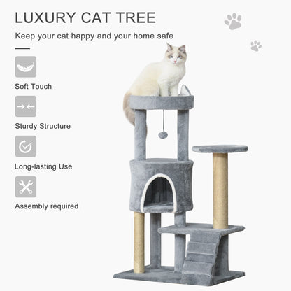 PawHut 100cm Cat Tree Tower Condo Multi Platform Kitty Cat Center with Climbing Ladder Scratching Post Hanging Toy Ball, Light Grey