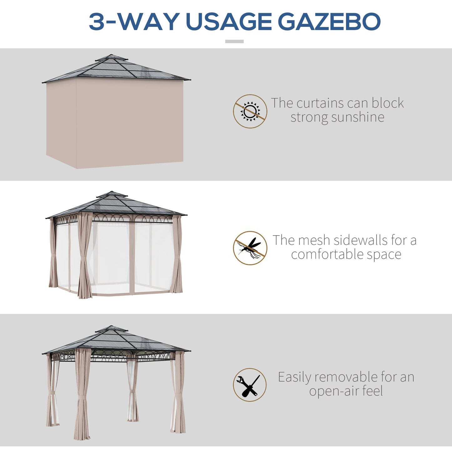 Outsunny 3 x 3 (m) Outdoor Polycarbonate Gazebo, Double Roof Hard Top Gazebo with Galvanised Steel Frame, Nettings & Curtains for Garden, Lawn, Patio and Deck