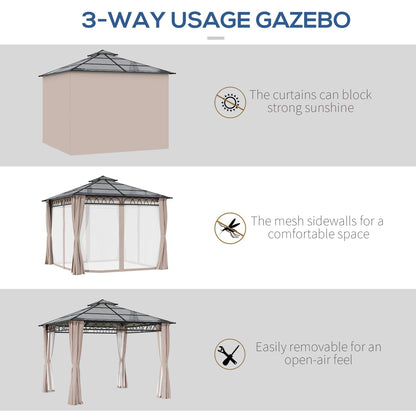 Outsunny 3 x 3 (m) Outdoor Polycarbonate Gazebo, Double Roof Hard Top Gazebo with Galvanised Steel Frame, Nettings & Curtains for Garden, Lawn, Patio and Deck