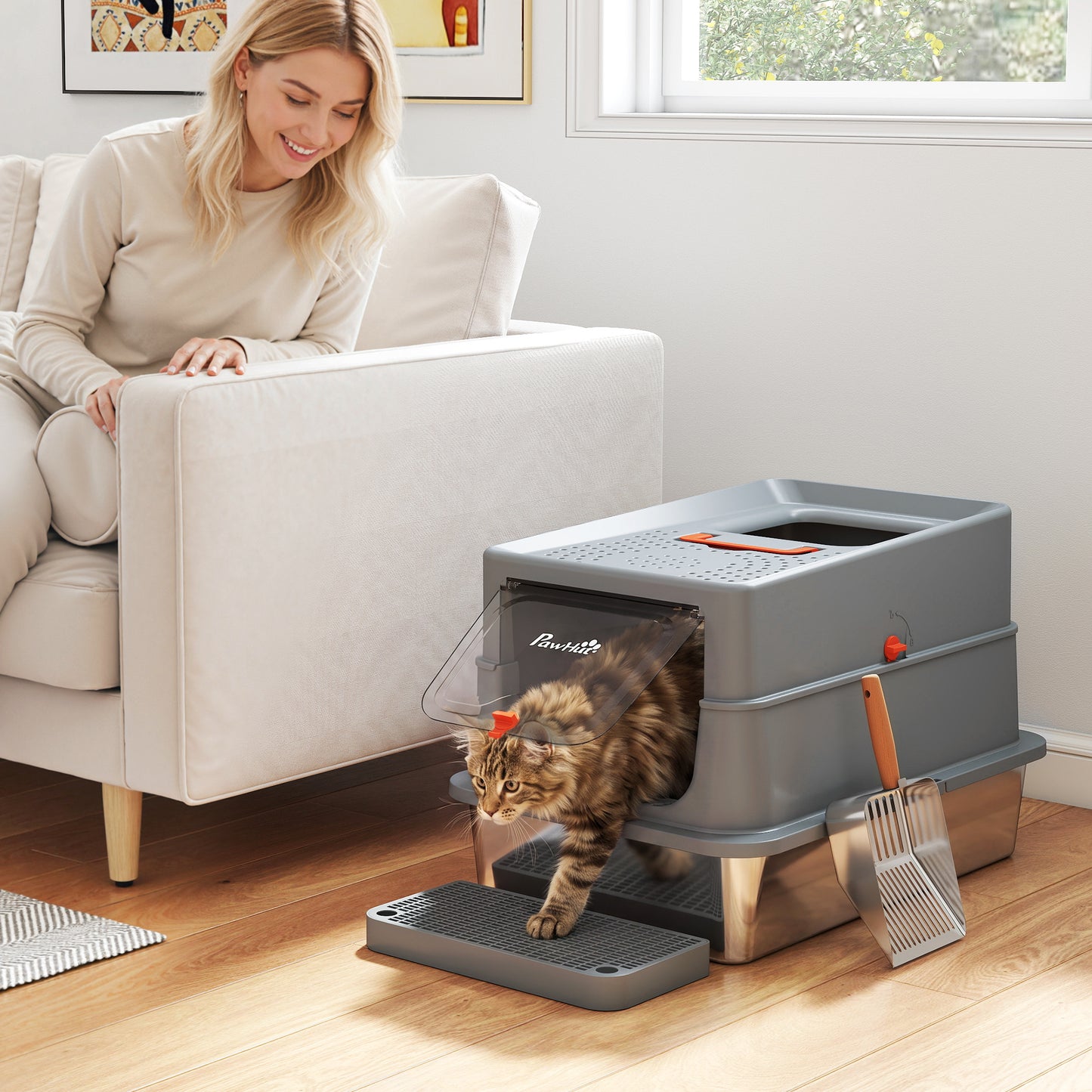 PawHut Stainless Steel Cat Litter Tray with Lid, XL 90L Enclosed Cat Litter Box with Step, Scoop, High Side, Dark Grey
