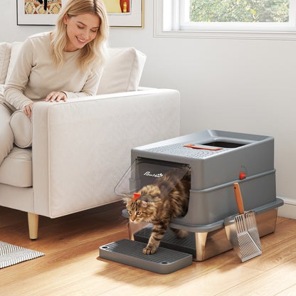 PawHut Stainless Steel Cat Litter Tray with Lid, XL 90L Enclosed Cat Litter Box with Step, Scoop, High Side, Dark Grey