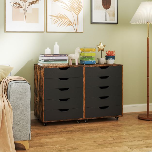 5 Drawer Chest with Lockable Wheels for Home Office-Rustic Brown