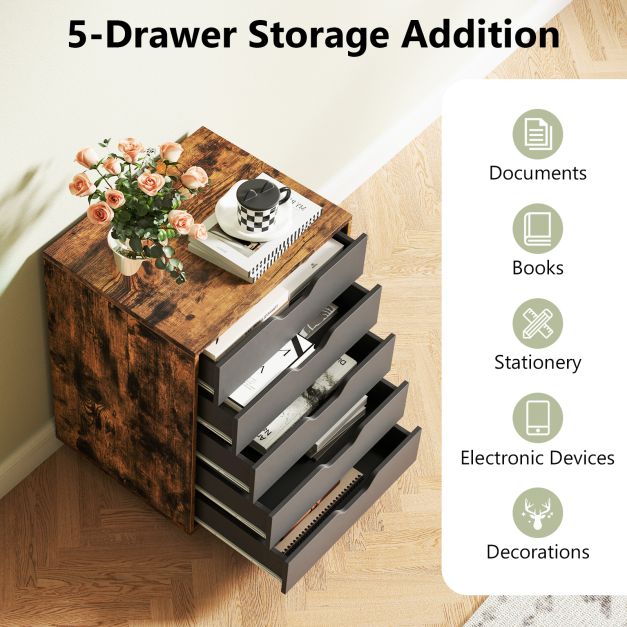 5 Drawer Chest with Lockable Wheels for Home Office-Rustic Brown