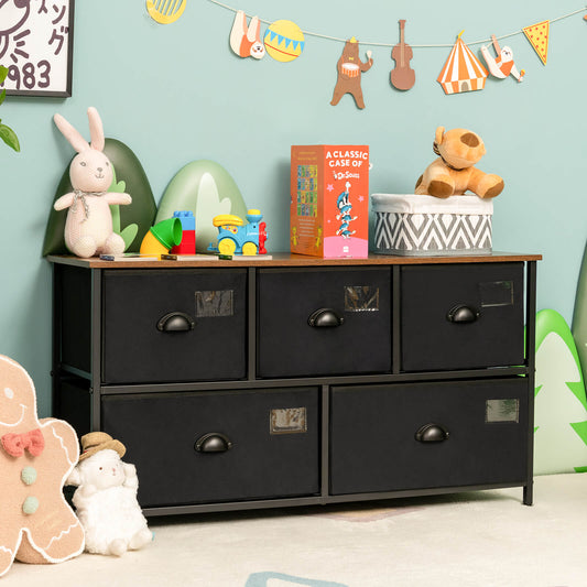 5-Drawer Storage Dresser with Labels and Removable Fabric Bins-Black