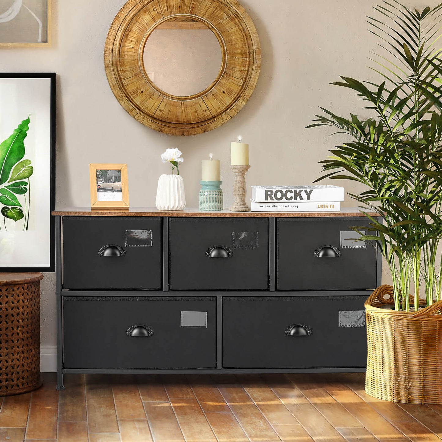 5-Drawer Storage Dresser with Labels and Removable Fabric Bins-Black