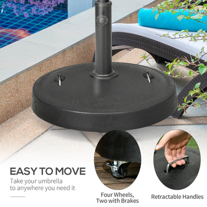 Outsunny 25kg Resin Garden Parasol Base with Wheels and Retractable Handles, Round Outdoor Market Umbrella Stand Weight for Poles of Φ38mm to Φ48mm, Black