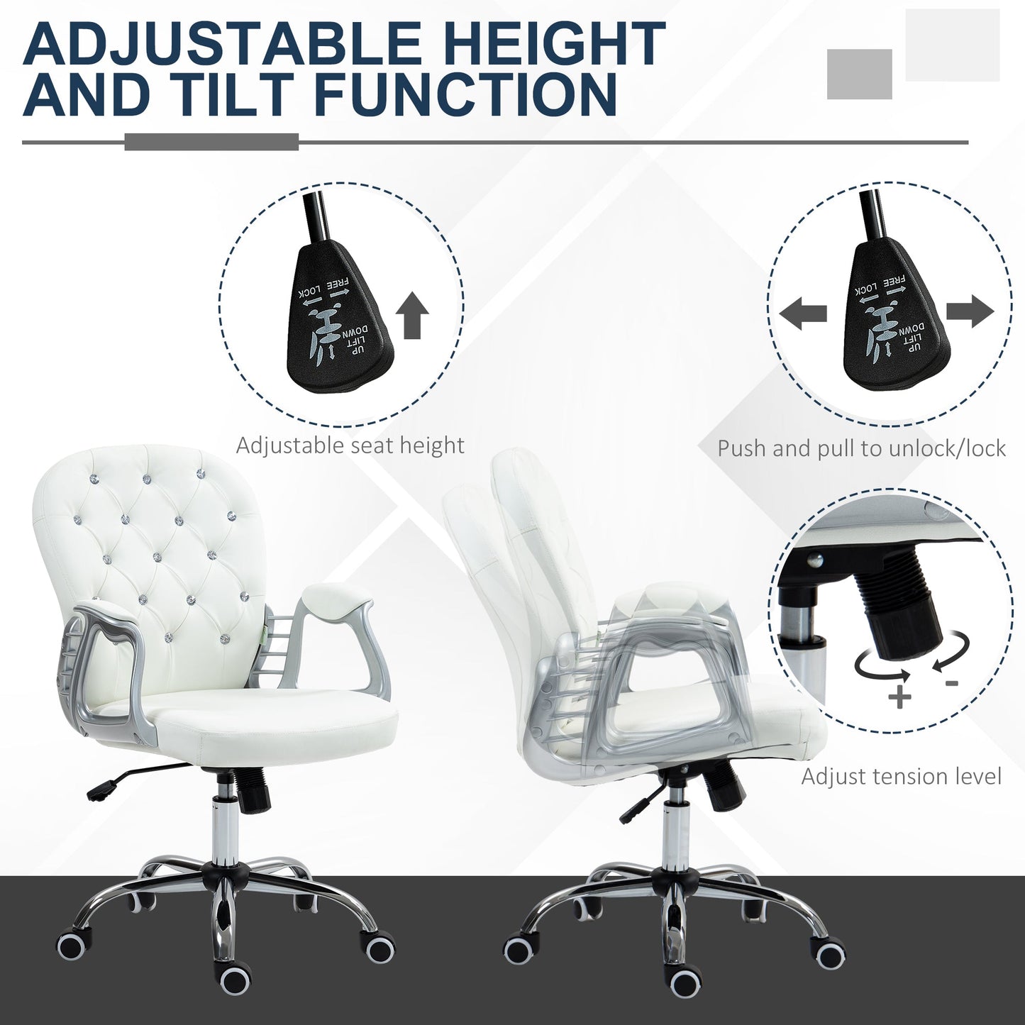 Vinsetto Office Chair Ergonomic 360  Swivel PU Diamante Padded Base 5 Castor Wheels for Home Work White