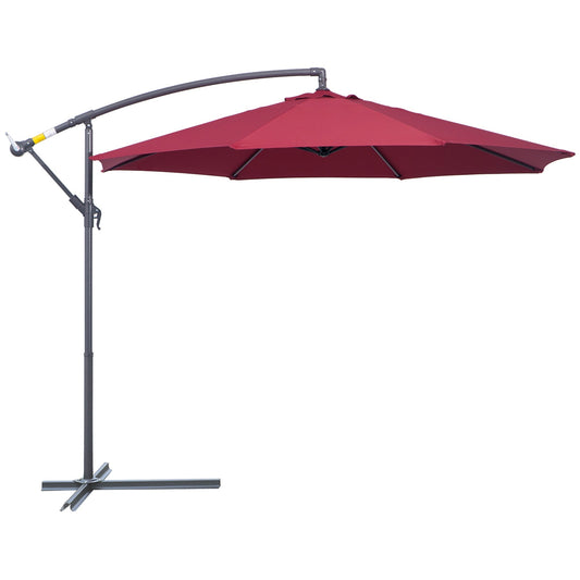 Outsunny 3(m) Garden Banana Parasol Hanging Cantilever Umbrella with Crank Handle and Cross Base for Outdoor, Sun Shade, Wine Red