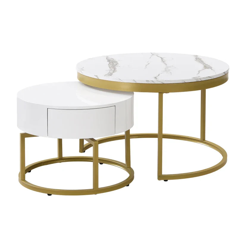 Rotating Round Marble Coffee Table Set, High Gloss Pattern with Golden Metal Frame, Set of 2, 70x70x45 cm + 50x50x38.5 cm, White