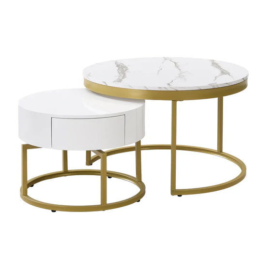 Rotating Round Marble Coffee Table Set, High Gloss Pattern with Golden Metal Frame, Set of 2, 70x70x45 cm + 50x50x38.5 cm, White