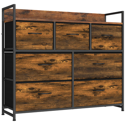 HOMCOM Chest of Drawers with 7 Drawers, Industrial Fabric Storage Unit with Top Shelf and Steel Frame for Bedroom, Rustic Brown