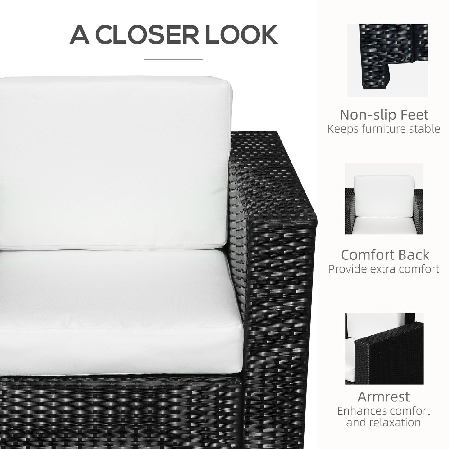 Outsunny Jednoosobowa sofa rattanowa z 10 cm grubą wyściełaną poduszką, fotel ogrodowy z plecionki PE, odporny na warunki atmosferyczne, z podłokietnikami, czarny