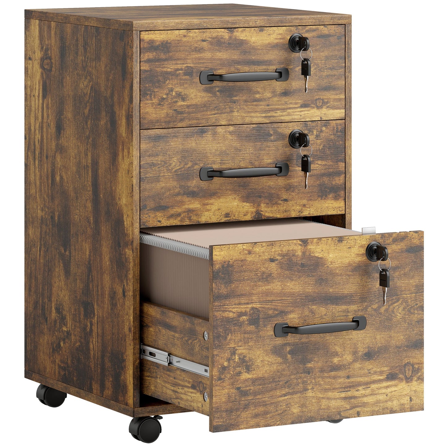 HOMCOM Three Drawer Wood-Effect Filing Cabinet - Rustic Brown
