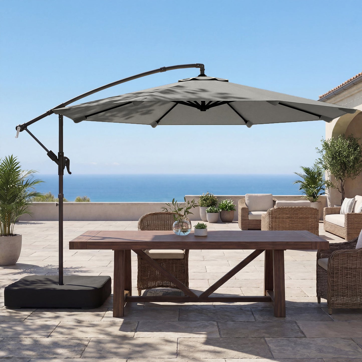 Outsunny 3 m Garden Cantilever Parasol with Cross Base, Sandbag, 360Â° Rotating Overhanging Banana Umbrella, Grey