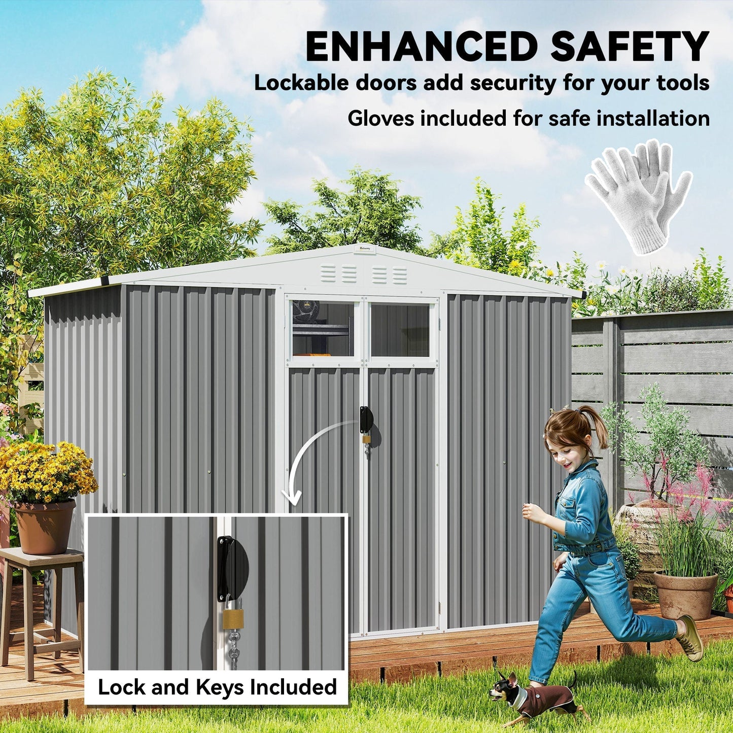 Outsunny 8 x 4 ft Metal Garden Shed, Garden Storage Shed with Window, 4 Vents and Lockable Door, Waterproof Galvanised Steel Tool Storage Shed, Light Grey
