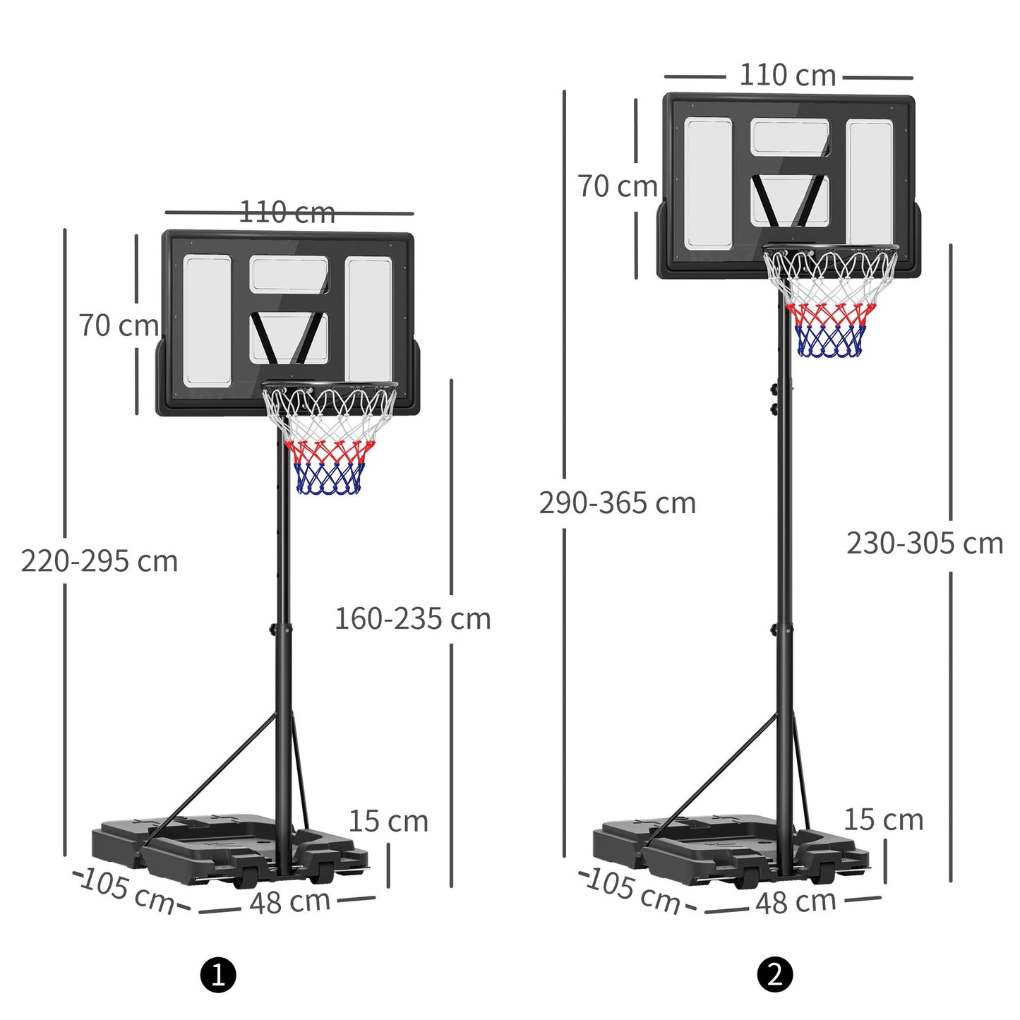 SPORTNOW 2.3-3.05m Basketball Hoop and Stand, with Weighted Base, Wheels, Black