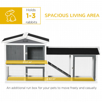 PawHut Rabbit Hutch Outdoor, 2-poziomowa klatka dla świnki morskiej, drewniany domek dla małych zwierząt z wybiegiem dla królików, wysuwana taca, rampa, 175,8 x 52 x 85,5 cm, biały