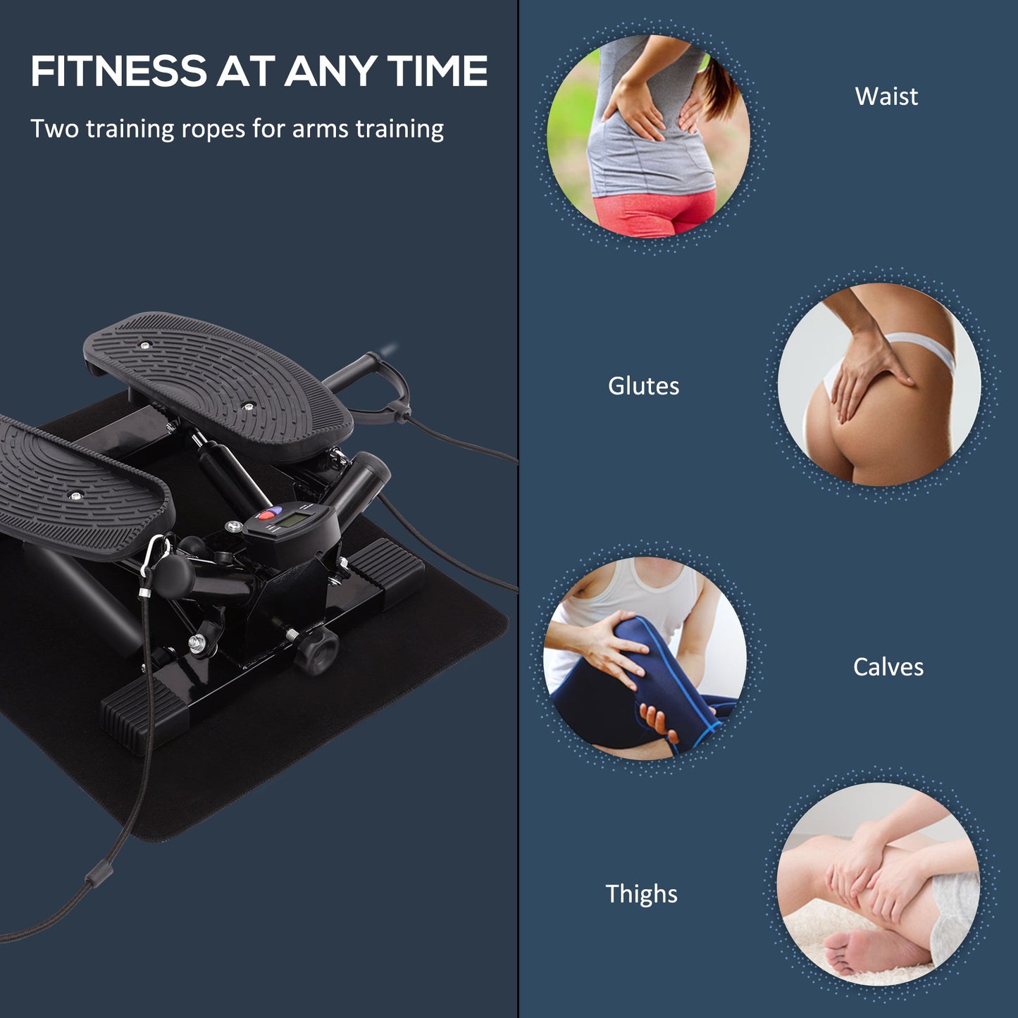 HOMCOM Portable Mini Stepper, Exercise Fitness Machine for Legs Arms Thigh Toner Toning Machine, Stair Steps Workout Training Fitness, w/ Resistance Bands and Floor Mat, Black