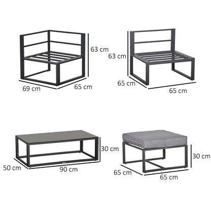 Outsunny 5-częściowy zestaw mebli ogrodowych, sofa z sofą i szklanym stolikiem kawowym, krzesła z poduszkami i aluminiowa rura, na balkon, ogród, podwórko, szary