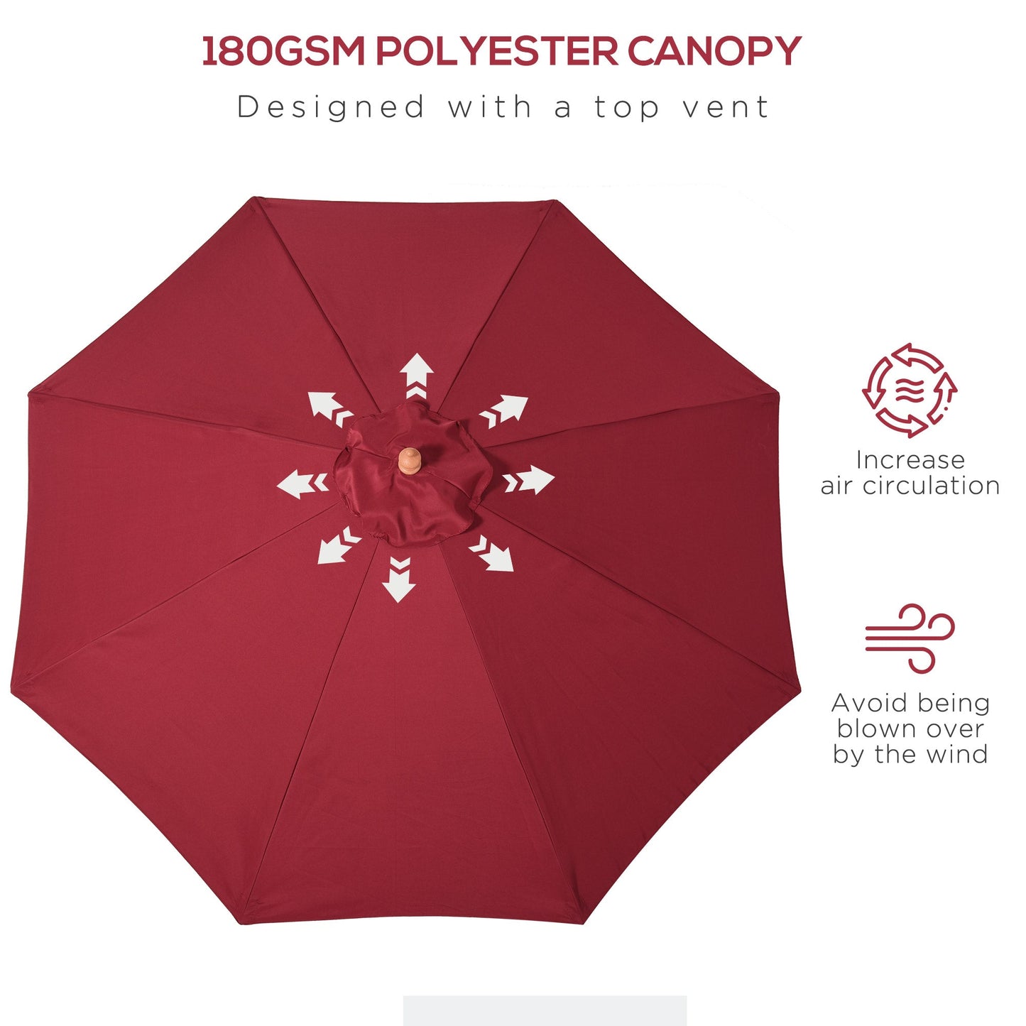 Outsunny 2.5m Wood Garden Parasol Sun Shade Patio Outdoor Market Umbrella Canopy with Top Vent, Wine Red