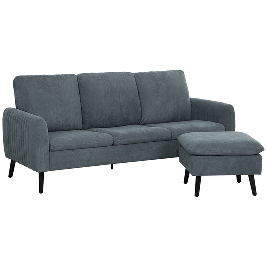 HOMCOM Fabric Sofa with Ottoman, Corduroy L-shaped Sofa Couch with Scatter Back, Reversible 3-Seater Chaise Lounge for Living Room, Home Office, Small Spaces, Charcoal Grey