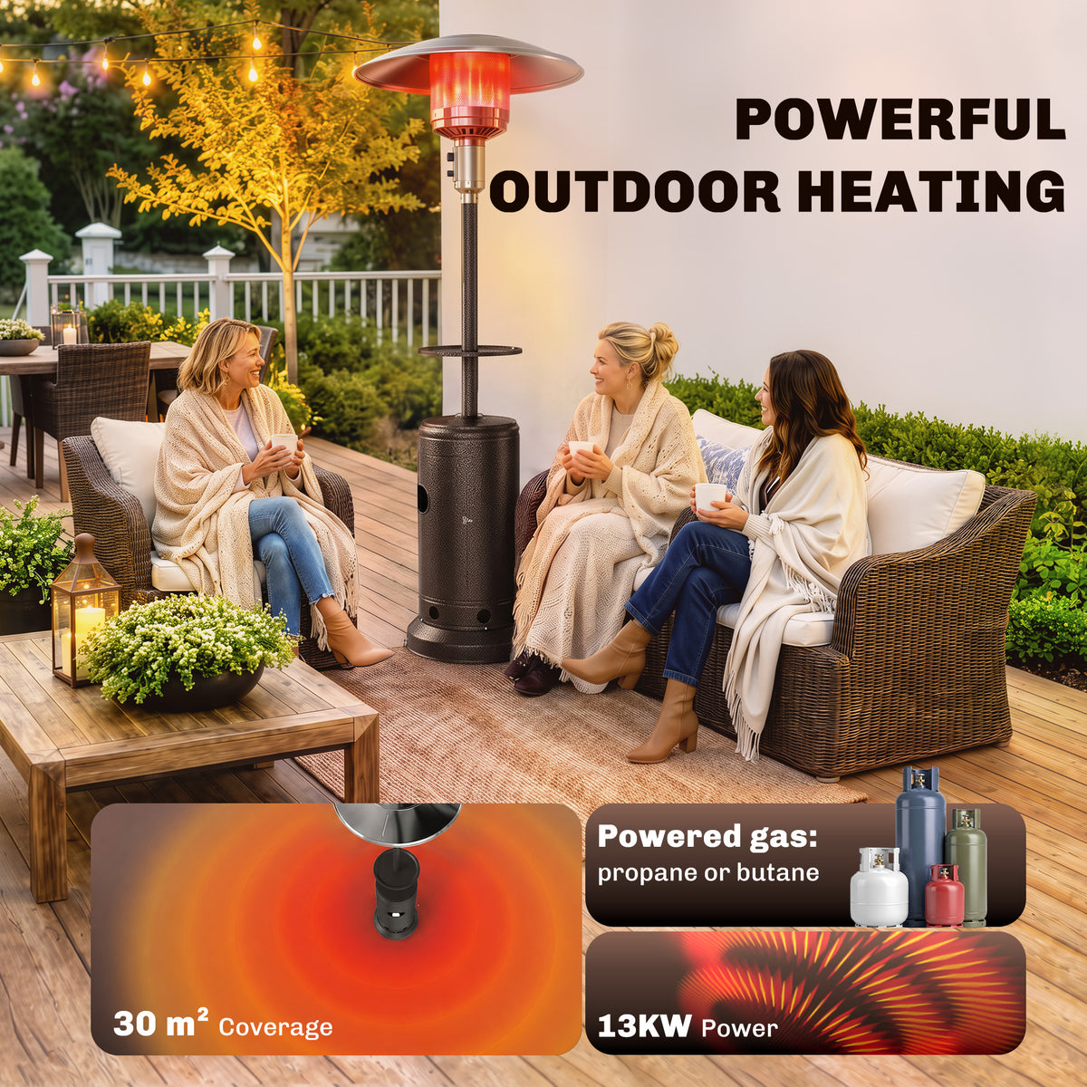 Outsunny Gas Patio Heater with Table Tray, 13 kW Portable Propane Outdoor Heater with Piezo Ignition, Tip-over Protection, Brown