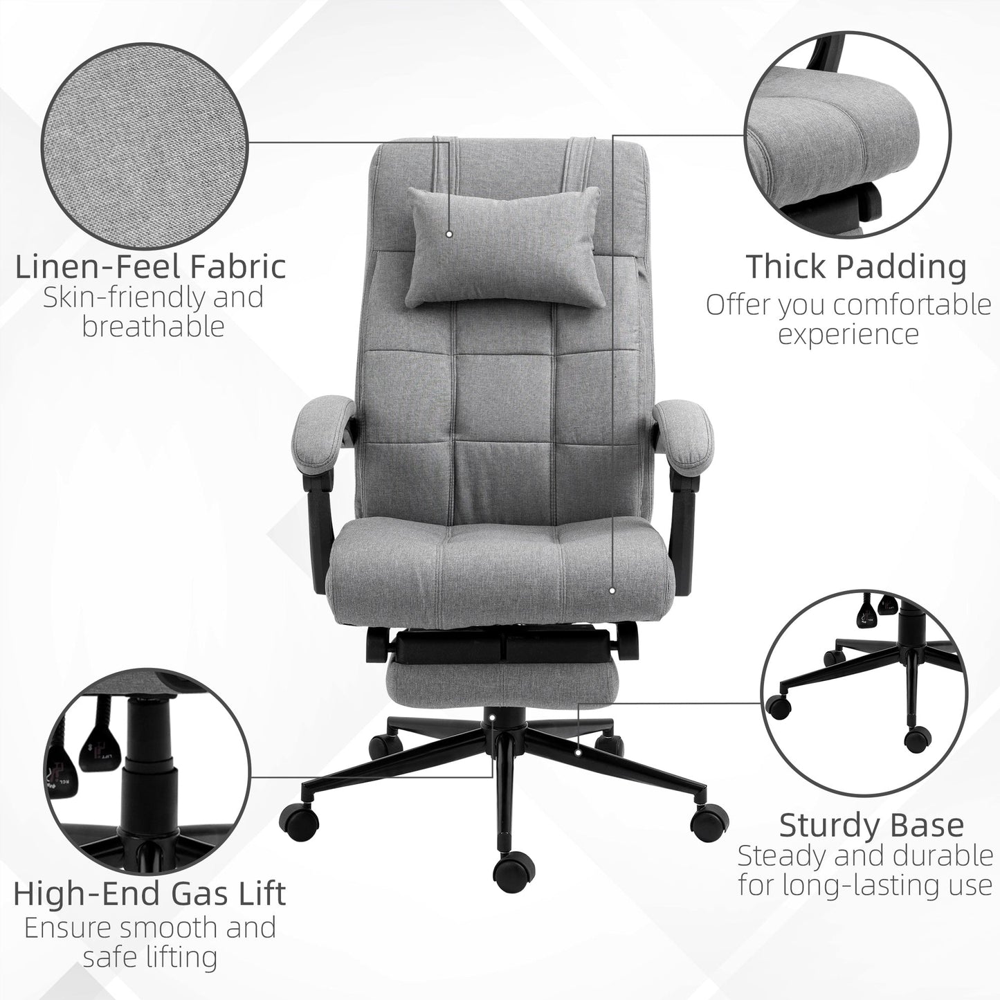 Vinsetto Office Chair with Footrest Ergonomic Office Chair with Armrests Lumber Support and Headrest Light Grey